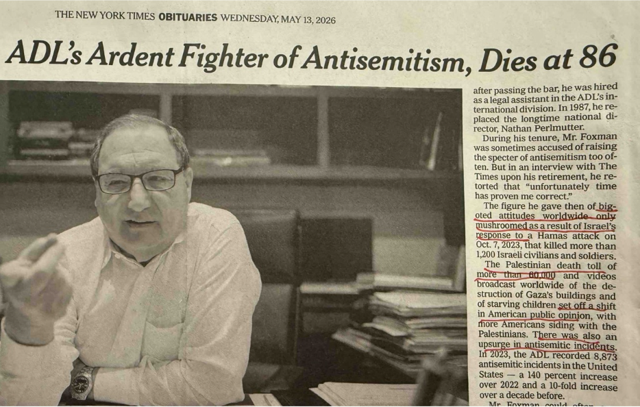 New York Times Blames Jews For Antisemitism—In Obituary of ADL Chief Abe Foxman